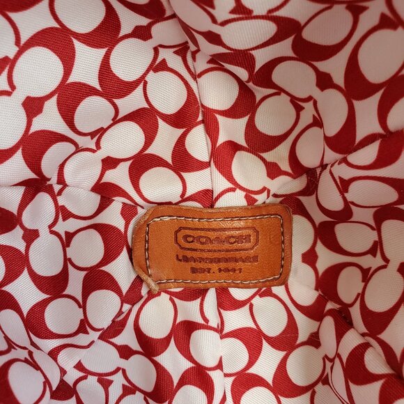 EUC Coach Tan Cotton Hat with Red Leather Trim & Turnlock
